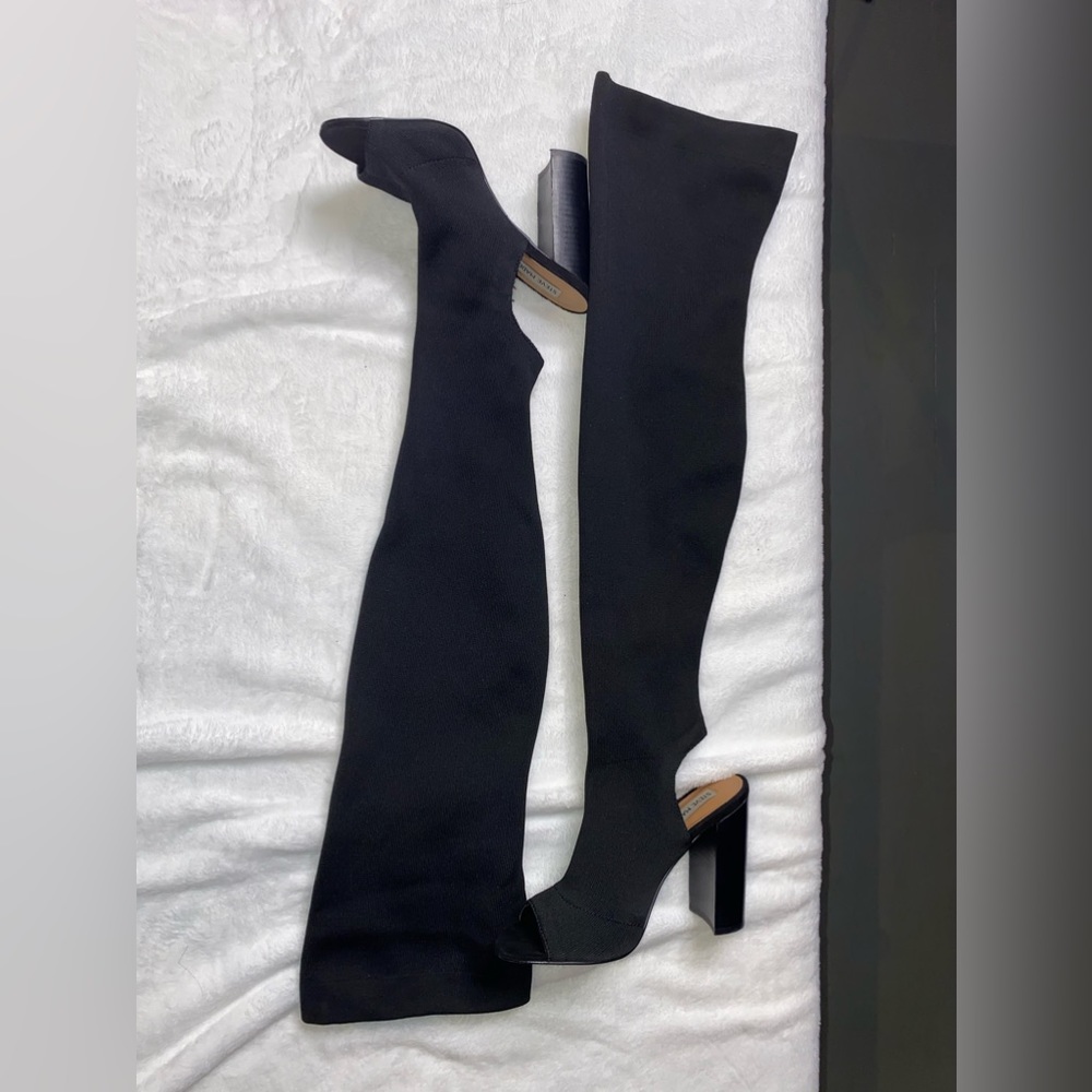 Steve Madden Black over the knee stretch peep toe boots. Sz 8.5 Like new